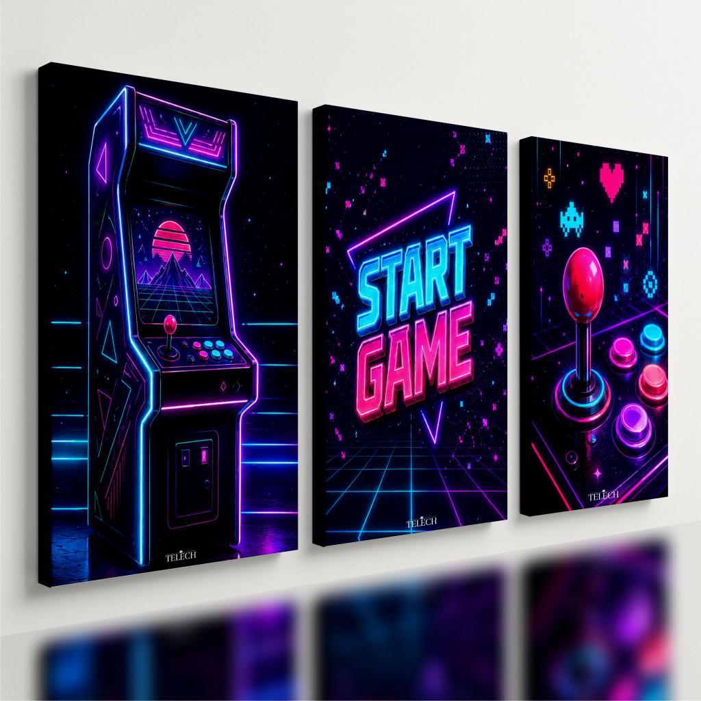 Kit 3 Quadro Decorativo Gamer Retro Fliperama Arcade Jogo