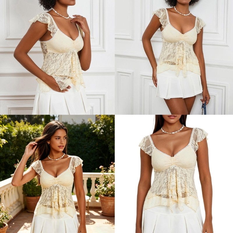 Blusa Feminina Decote Coração, Renda Floral Transparente, Mangas, Peplum, Regata Cropped, Baba