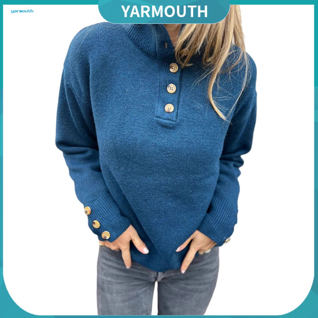 Women Pullover Sweater Long-sleeve for Women’s Stand Collar with Buttons Half Placket Long Sleeve Knit Top Loose Fit S