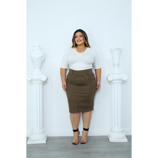 Saia Midi Plus Size Vera em Sarja com Elastano – Moda Evangélica Feminina Confortável
