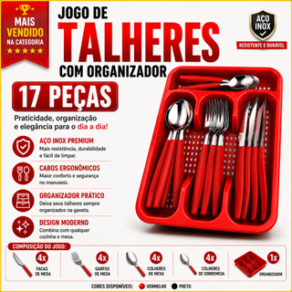 Jogo De Talheres Inox 17 Peças Com Organizador Porta Talheres Cozinha Premium