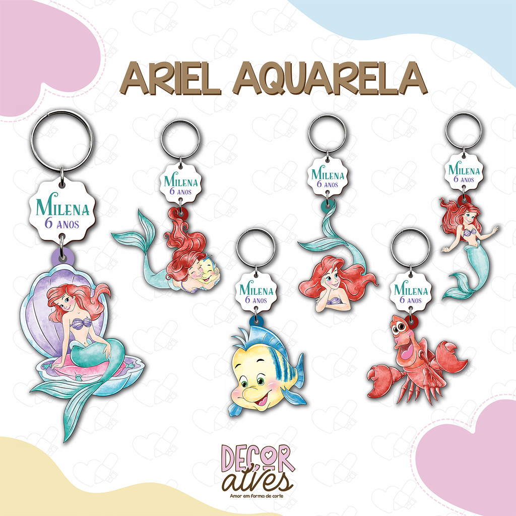 Ariel Aquarela / Pequena Sereia - Chaveiro Personalizado MDF brilhoso Lembrancinha infantil