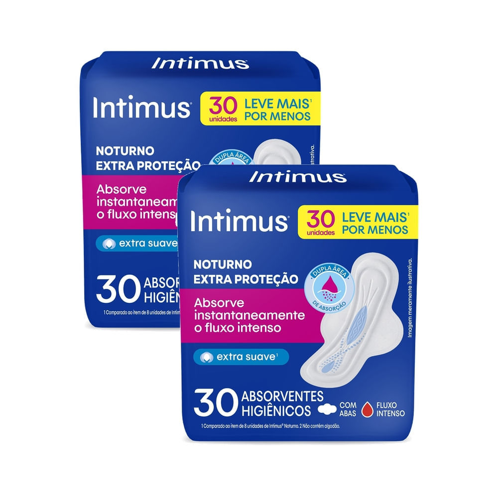 Kit 2 Absorvente Intimus Toda Protegida Noturno Suave com Abas 30 Unidades