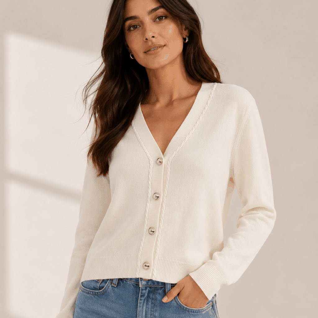 CASACO DE TRICO FEMININO FACINELLI  650995 BOTAO PRATA BRILHO ELEGANTE VERSATIL MODERNO