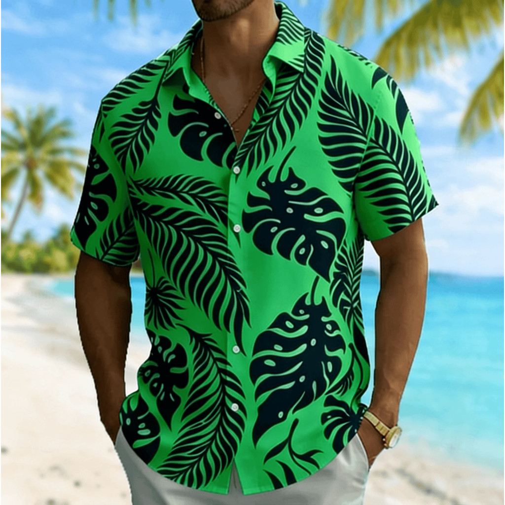 Camisa Masculina De Manga Curta Com Estampa De Monstera E Folha De Palmeira , Blusa Casual De Férias Na Praia , Gola Vir