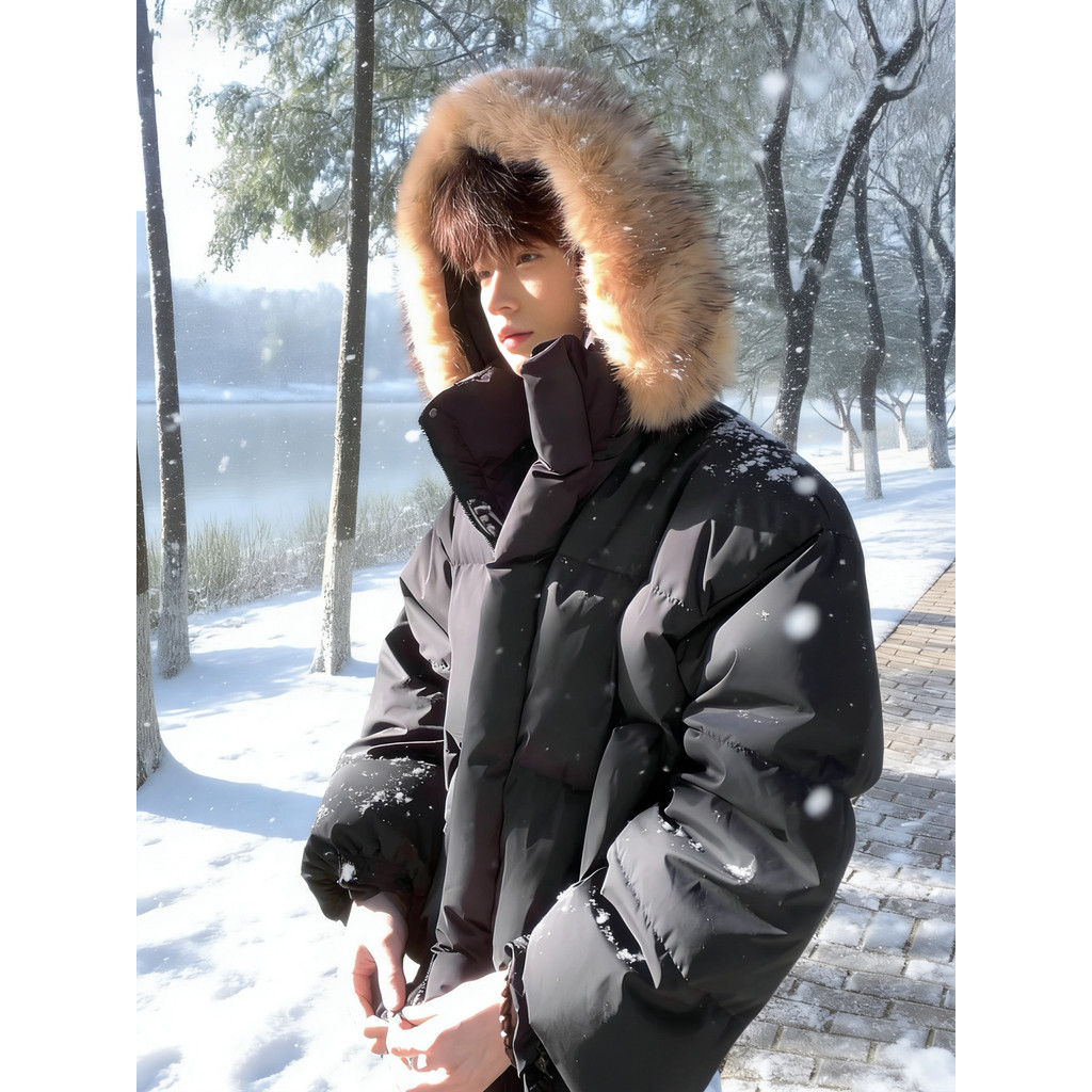 Preto curto gola de pele com capuz jaqueta masculina inverno nordeste à prova de frio quente acolchoado jaqueta de couro