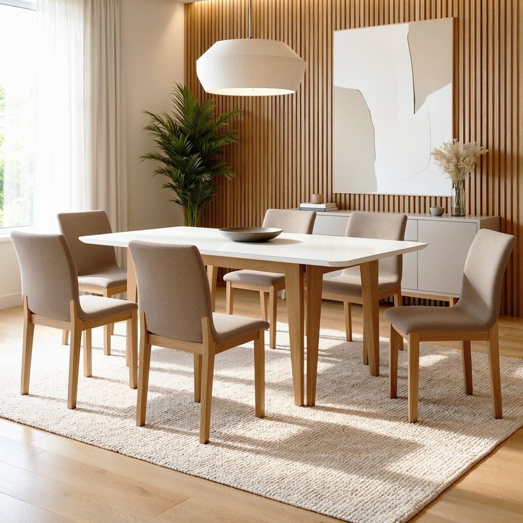 Conjunto Sala de Jantar 6 Lugares Retangular Tampo Vidro Base Madeira Maciça Mesa e Cadeiras Bella Cinamomo/Off