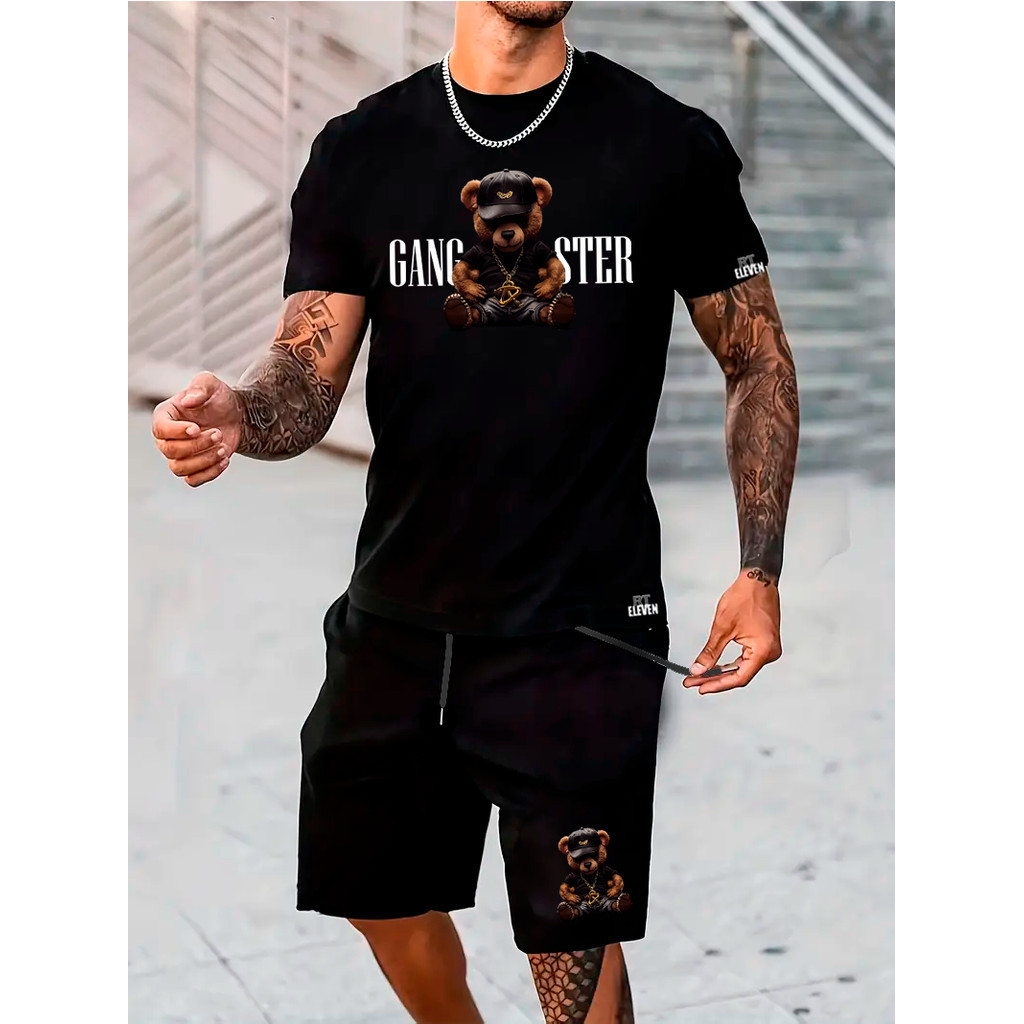 Kit Conjunto Gangster Camiseta Masculina 100% Algodão + Bermuda Moletom Lançamento Estampada Urso Badboy  Confortavel