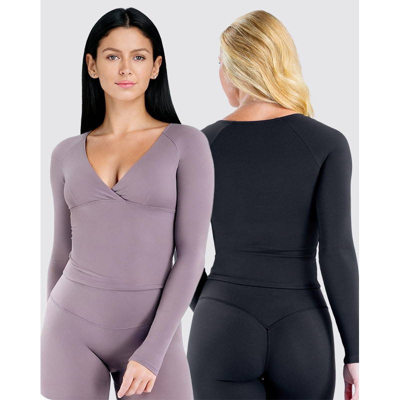 Top de yoga com almofadas para o peito, camiseta esportiva de manga longa com decote em V de secagem rápida, roupa casua