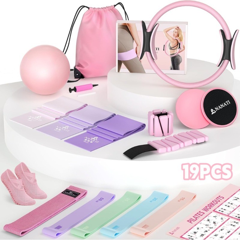 NANATI Kit Pilates 19 Peças Combo Anel Pilates Faixa Elástica Alongamento Treino Funcional
