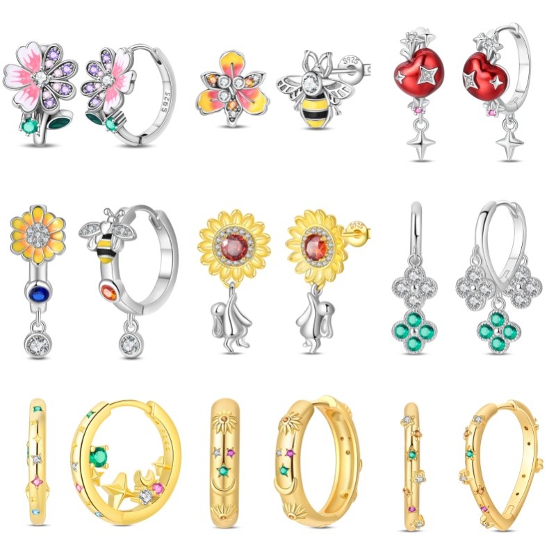 Brincos femininos S925 prata margarida brincos abelha flor brincos trevo de quatro folhas brincos de diamante presente d