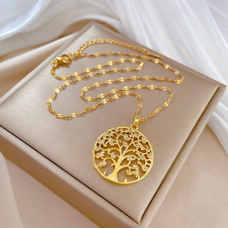 Colar Luxuoso Árvore da Vida com Zircônia, Estilo Feminino, Grande Pingente de Aço Inoxidável, Joia, Acessório da Sorte,