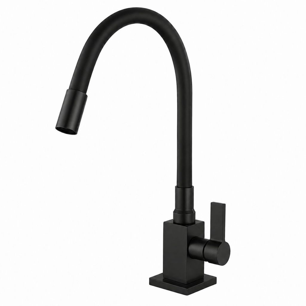Torneira Gourmet de Cozinha para Bancada Base Quadrada Cano Silicone Flexível Todo Preto All Black
