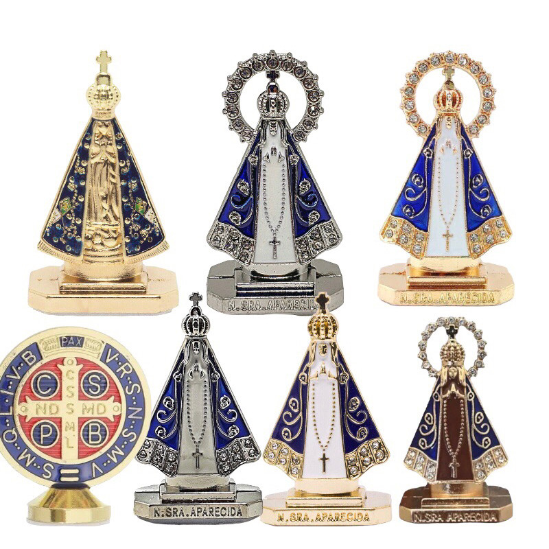Enfeite Painel Carro Imagem Nossa Senhora Aparecida Metal Branca Auto Colante
