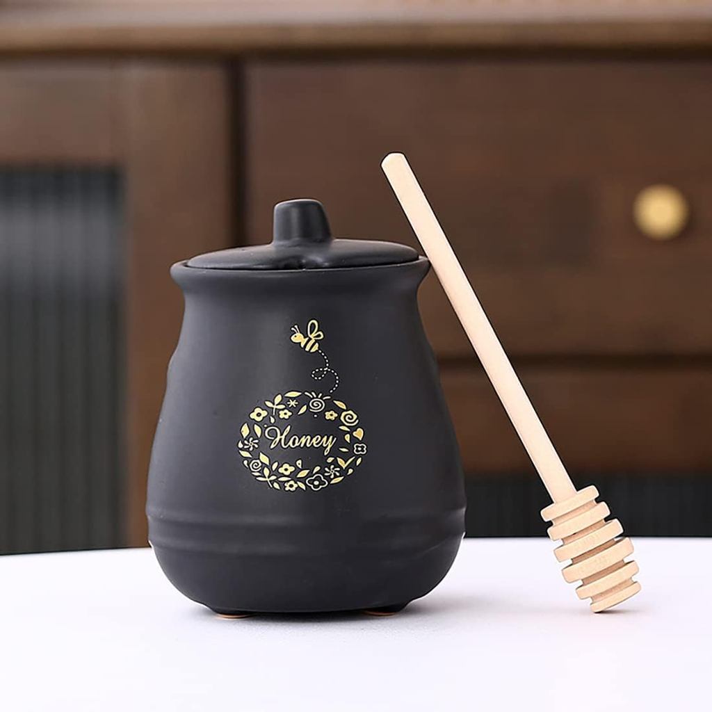 Pote de Mel de Cerâmica com Colher de Madeira - Pote de Mel com Colher - Pote de Mel com Suporte, Ótima Decoração de Abe