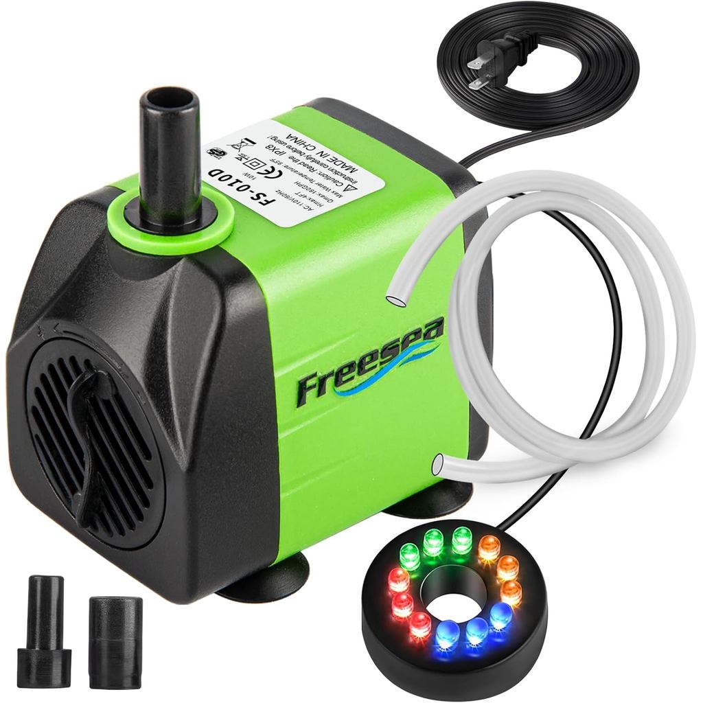 Bomba Submersível para Fonte FREESEA: Bomba de Aquário Ajustável de 10 Watts e 160 GPH com Luz LED e Tubo de 1,0m para L