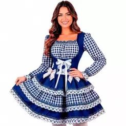 Vestido Festa Junina Adulto Feminino Xadrez Manga Longa de Luxo Ajustável