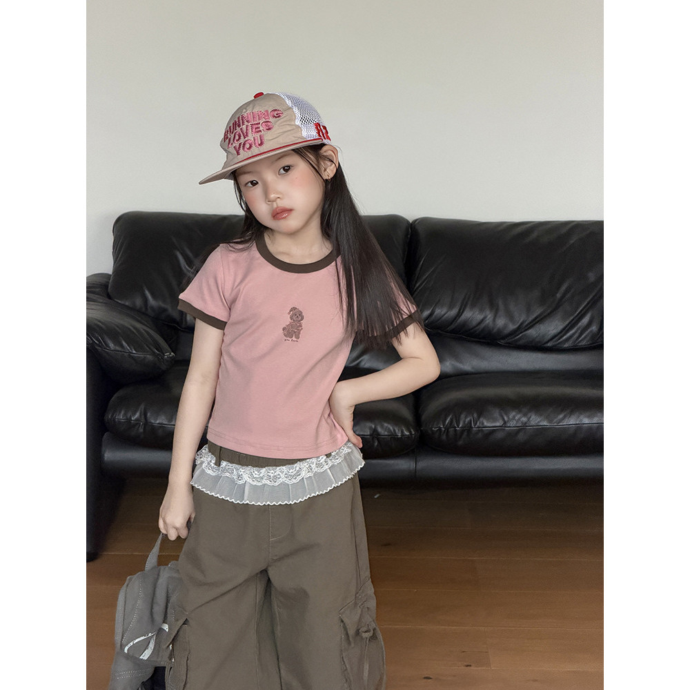 Beifu beifu crianças verão contraste cor dos desenhos animados camiseta de manga curta meninas coreano Casual cor curta 