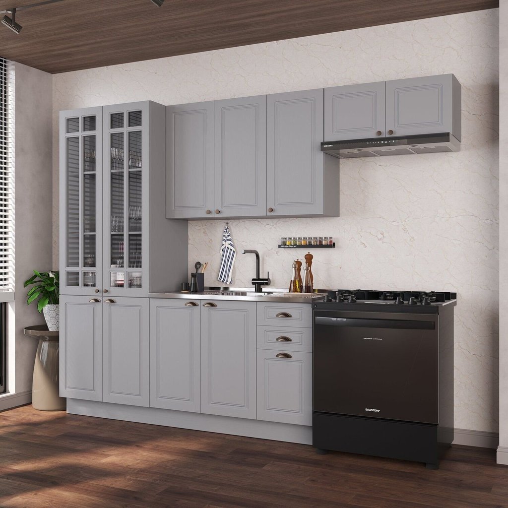 Cozinha Modulada 4 Peças Cristaleira Balcão com Tampo 2 Aéreos 100% MDF com Rodapé Bari