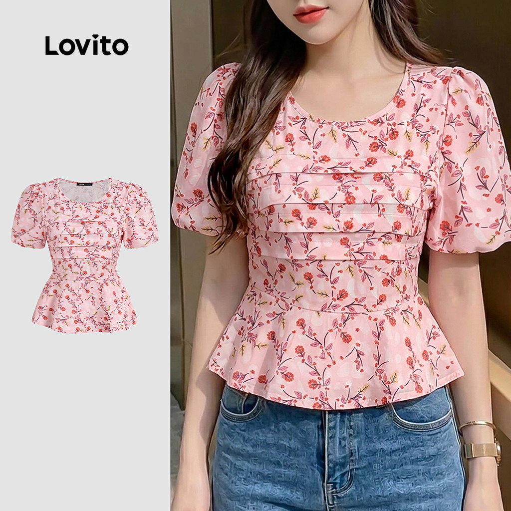 Lovito Blusa Elegante com Padrão Plissado para Primavera/verão Rosa Blusa Femini