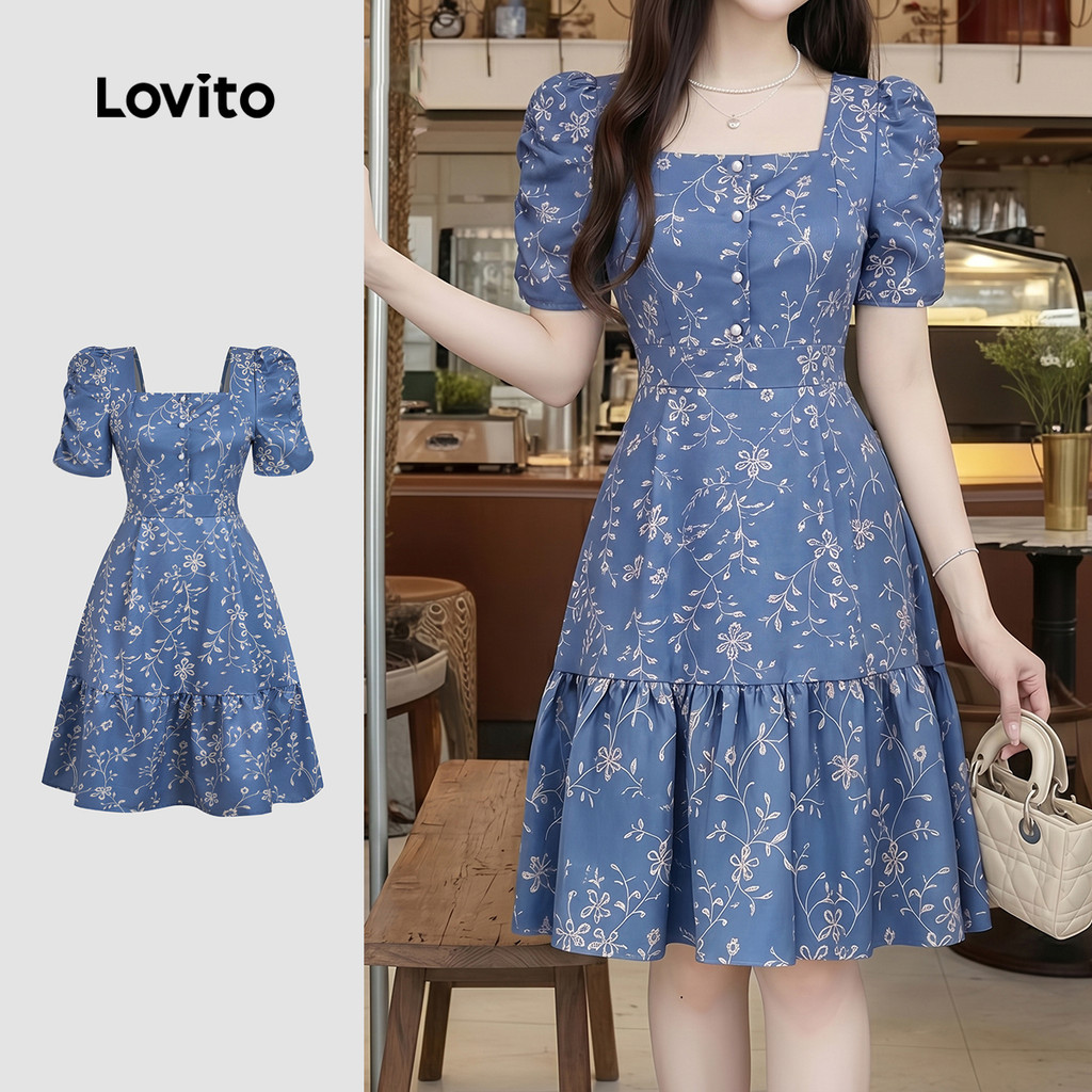 Lovito Vestido Casual com Babado Zíper Azul Primavera/verão para mulheres LK6ED1