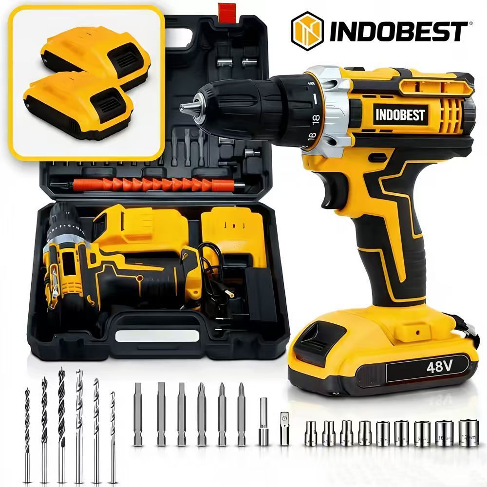 Wireless 48V Impact Drill And Screwdriver 340W with Drills Black - 2 Batteries Included