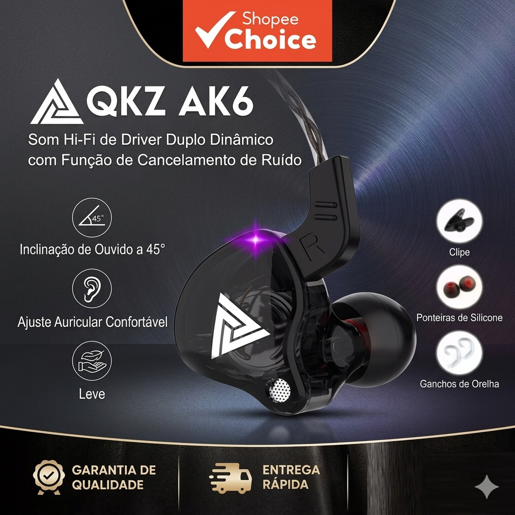 Fone De Ouvido Qkz Ak6 Com Fio Microfone Retorno De Palco Cor Preto