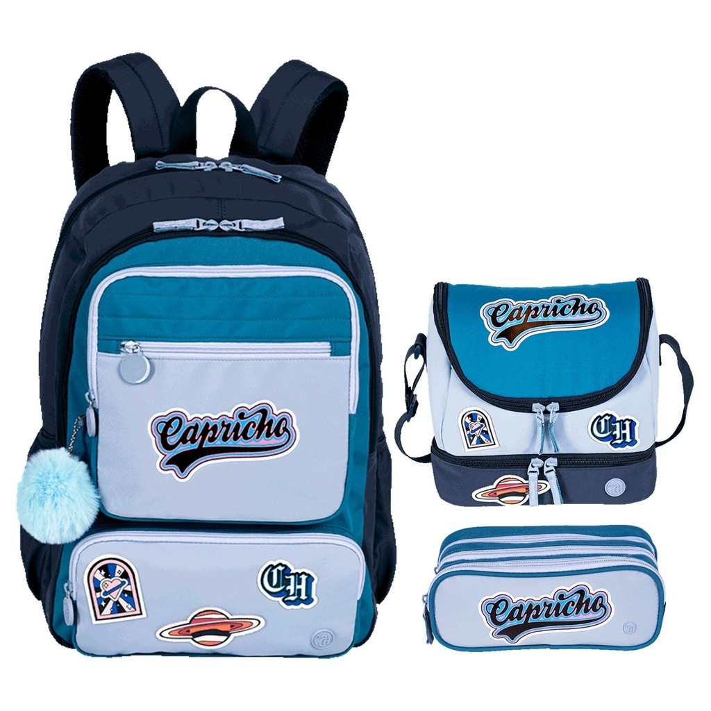 Kit Mochila Escolar Juvenil G + Lancheira Térmica + Estojo Triplo Capricho Class Cosmic Patches