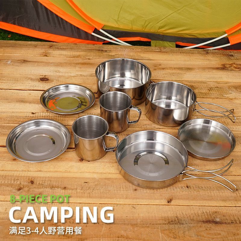 Conjunto de utensílios de cozinha para exterior, conjunto de 8 peças de panelas dobráveis em aço inoxidável, conjunto de