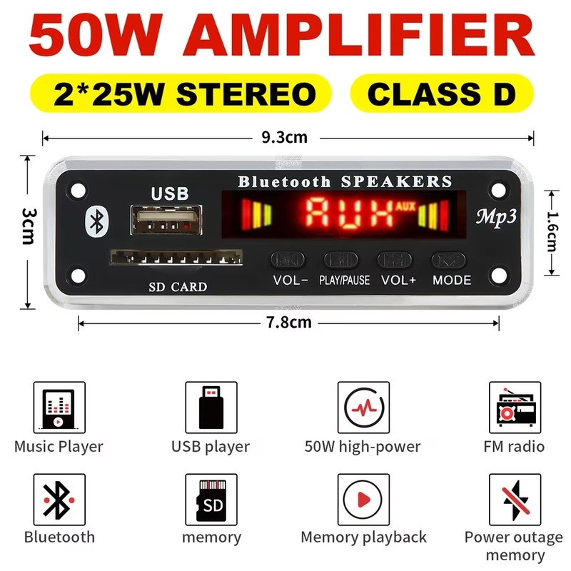 Módulo de Rádio Estéreo 40W , Placa Reprodutora 2*20W, Decodificador Bluetooth AUX, USB 5.0, Chamada, Amplificador 12V