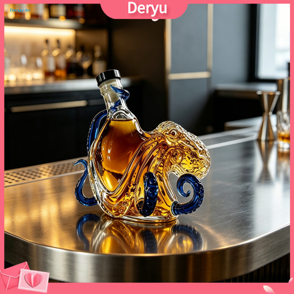 Whiskey Bottle Octopus Shaped Decanter 400ml Handmade Lead-free Glass with Stopper – Unique 3d Blown Barware Gift for