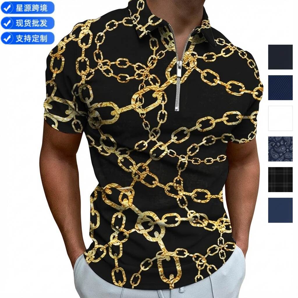 AliExpress Amazon POLO Camisa Zíper Cor Combinando Camisa POLO Esportiva Masculina Casual All-Match Manga Curta Tipo Sol