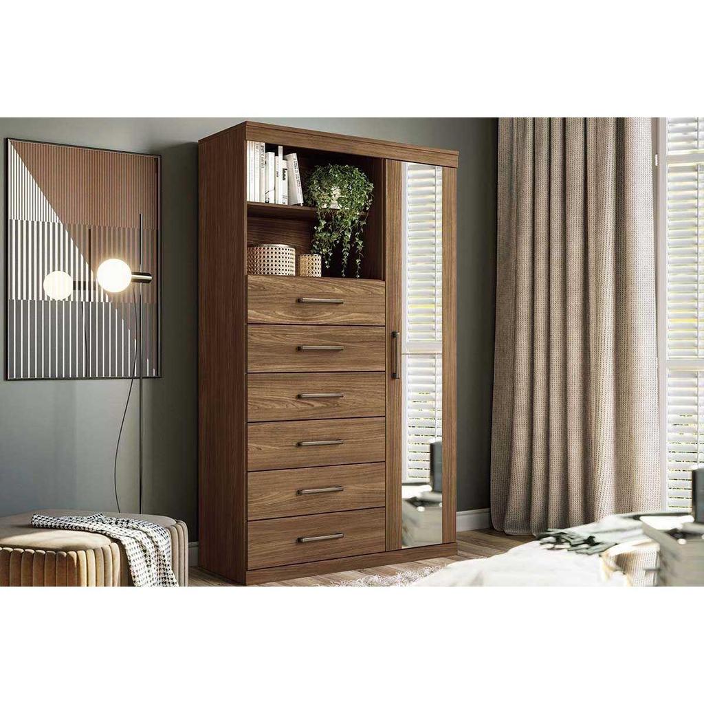 Cômoda de Quarto Marabá 1.6 c/ 1 Porta 2 Nichos e 6 Gavetas c/ Espelho Jatoba - Santos Andirá