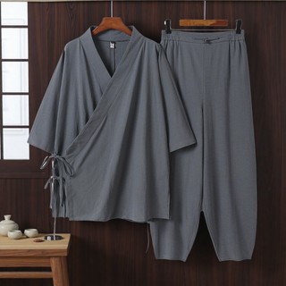 Verão algodão linho terno masculino taoísta roupas assento taoísta Robe pijamas estilo masculino calças de perna estreit