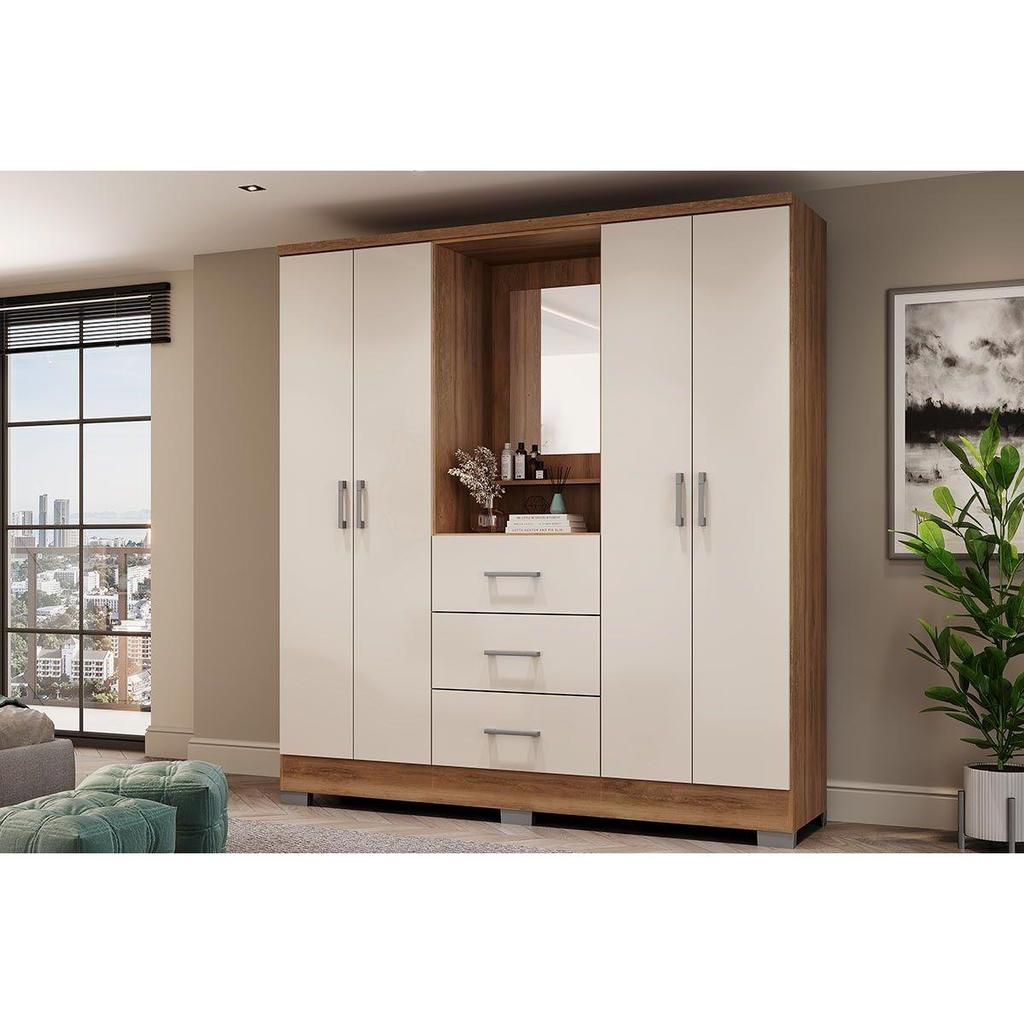 Guarda Roupa Solteiro 4 Portas e 3 Gavetas c/ Espelho Roma 1181 c/ Pés Freijo/Off White - Carraro