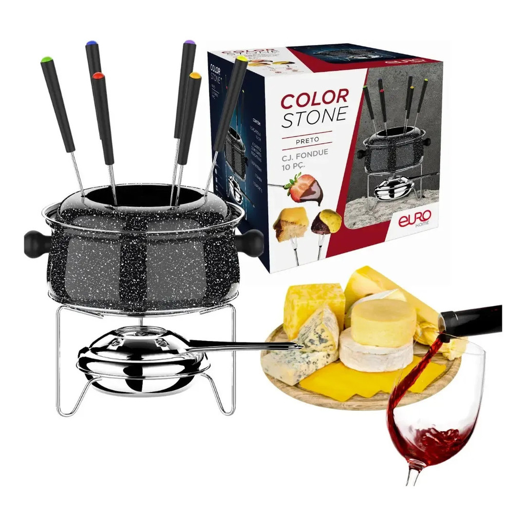 Kit Fondue 10 Peças Colorstone Preto Aço Inox 950ml 6 Garfos Base e Fogareiro Doce ou Salgado