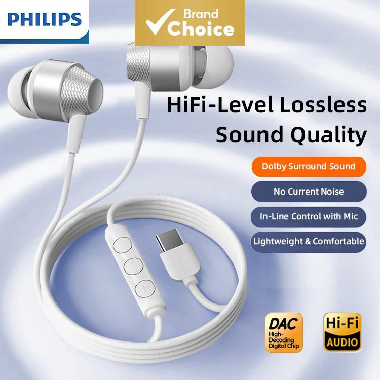 PHILIPS Fones de Ouvido Hi-Fi com fio Tipo C com Chip DAC Digital, driver de 10 mm, microfone no cabo e controles, para