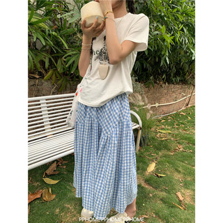 PPHOME Caseiro ~ Azul Saia Xadrez Saia Longa Primavera Verão Design Saia Xadrez Irregular