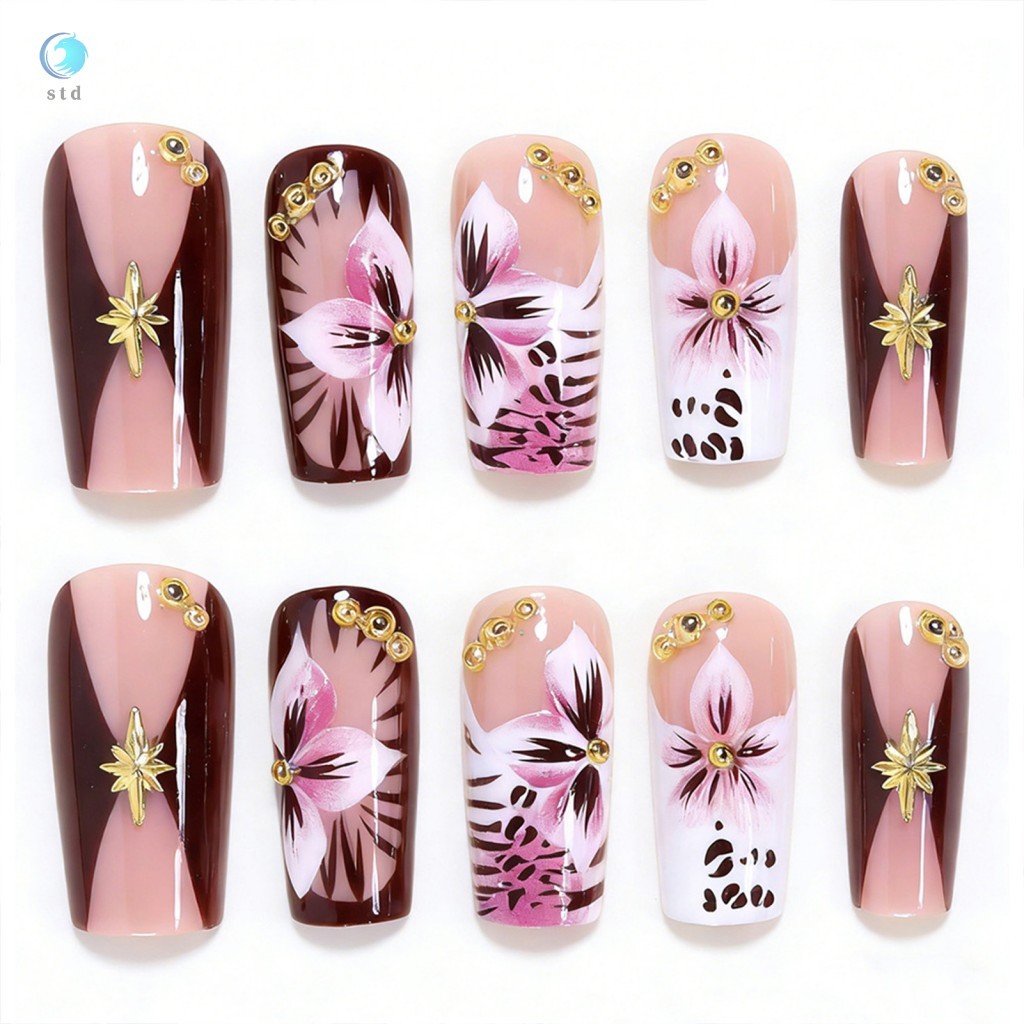 Adesivos De Unhas Gradientes De Leopardo Francês 3D-Prensa Hexagrama De Ouro Rosa Branco Nas 24 Unidades