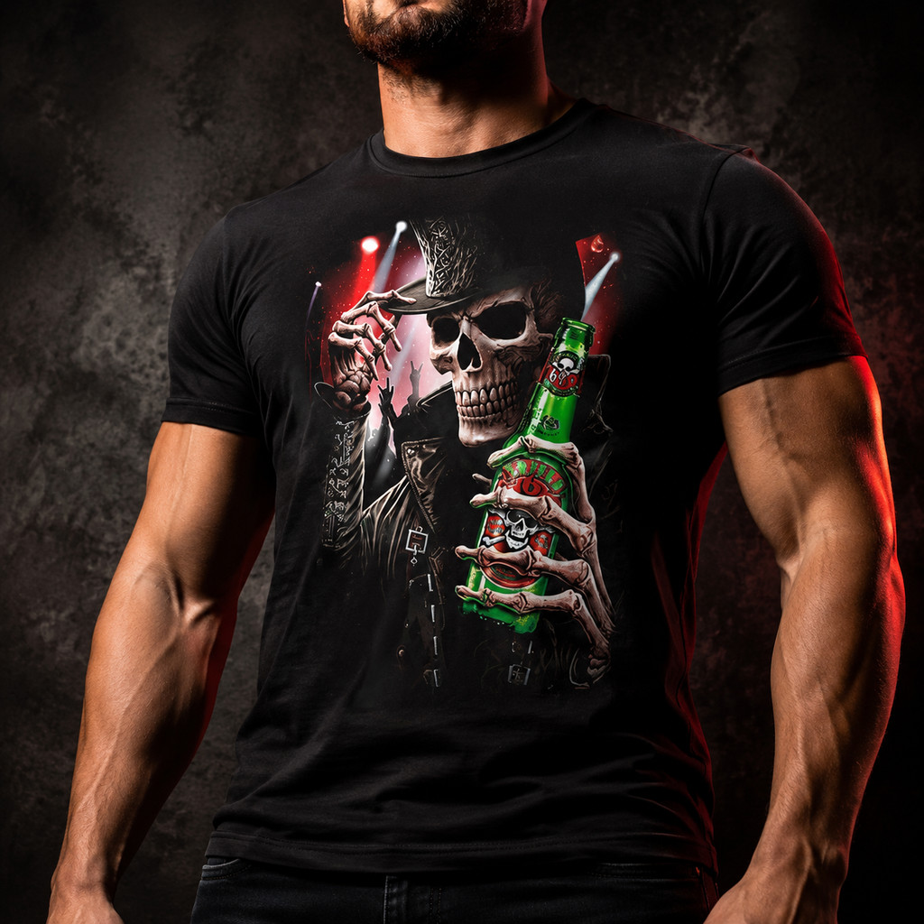 Camiseta Masculina em Algodão com Estampa de Caveira Rockeira
