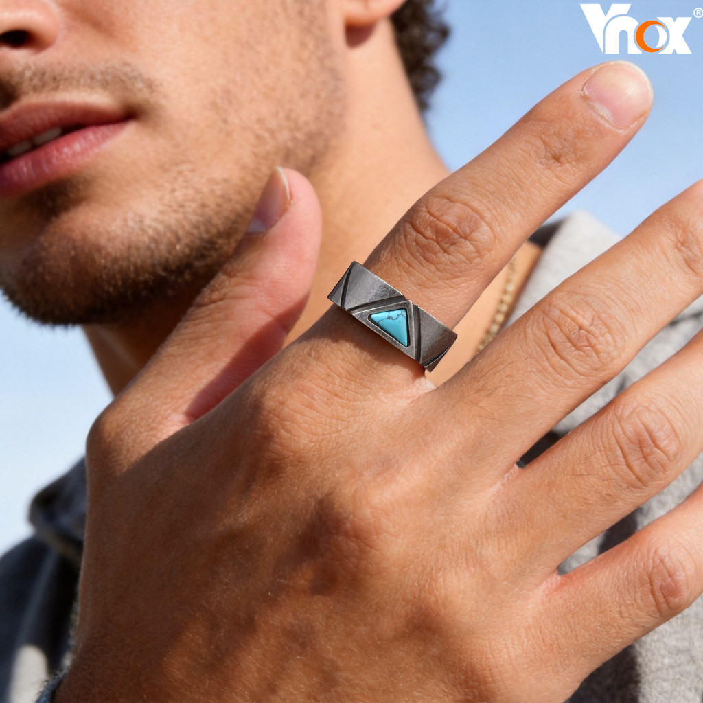 Anel Masculino Vintage De Aço Inoxidável Vnox Triângulo Turquesa, Geométrico Punk Streetwear Estilo Ocidental Joias De