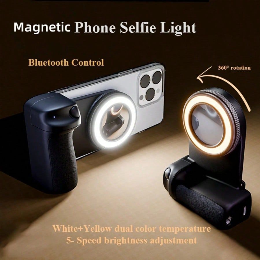 Suporte magnético recarregável para telefone de 750mAh, controle remoto Bluetooth Selfie + estabilizador de luz de preen