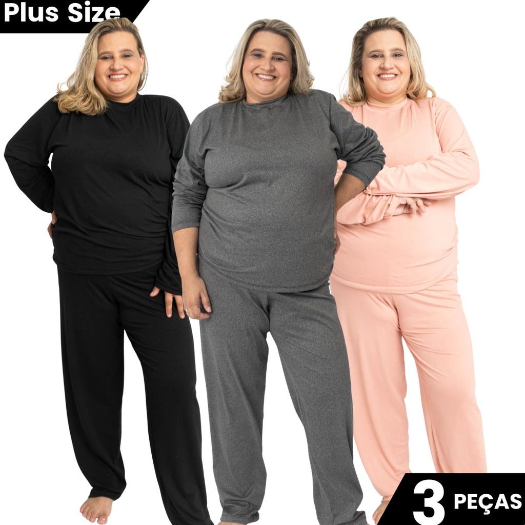 Kit 3 Pijamas Feminino Longo Plus Size Conforto Essencial com Ajuste Moderno