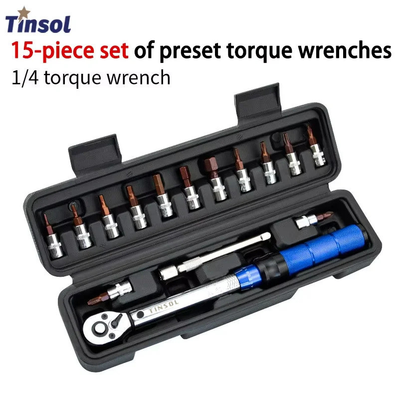 Conjunto de Chaves Dinamométricas para Bicicleta TINSOL 15 Peças 1/4" 2-24Nm, Chave Allen de Dupla Direção, Soquete de F