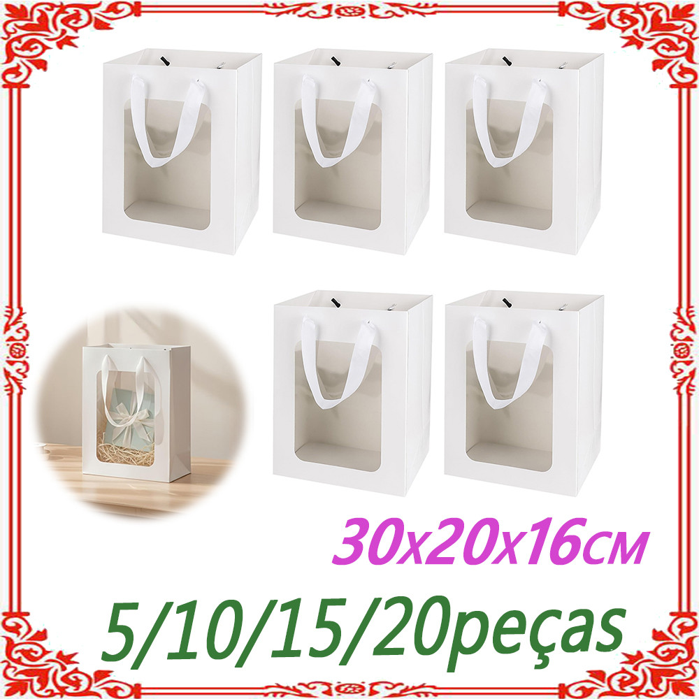 Sacola de janela transparente de papel Kraft 30x20x16cm Pacote de 5 unidades