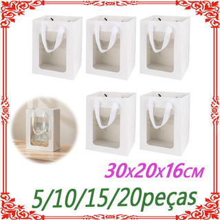 Sacola de janela transparente de papel Kraft 30x20x16cm Pacote de 5 unidades