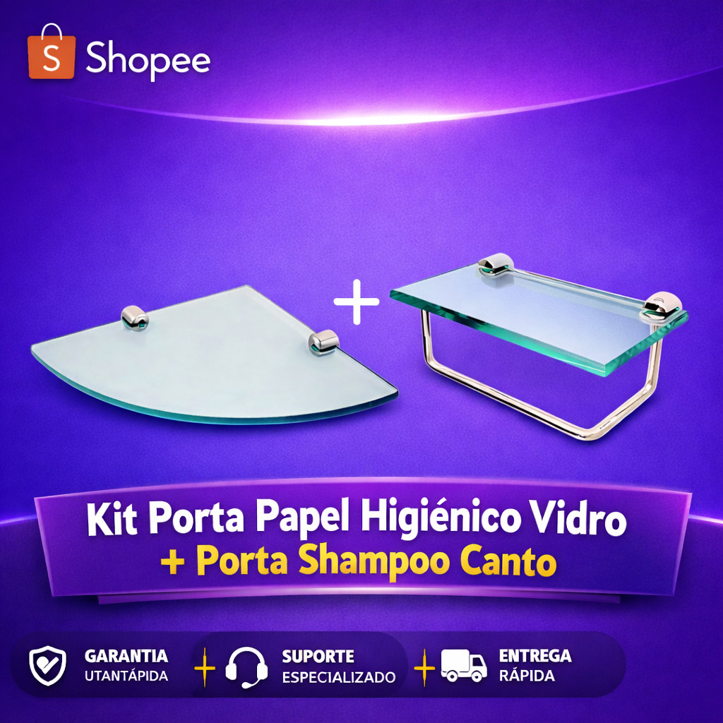 Kit Porta Papel Higiênico Vidro + Porta Shampoo Canto Vidro Temperado Suporte Banheiro Cromado