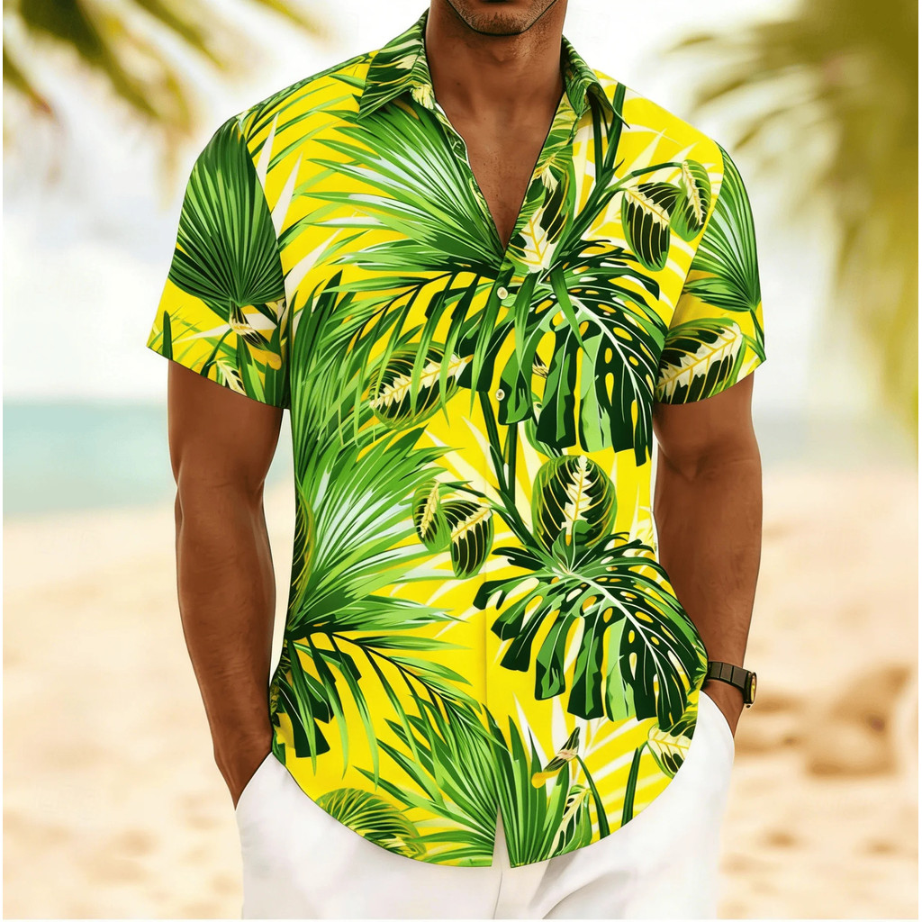Camisa Masculina De Manga Curta Com Estampa Tropical Monstera E Folha De Palmeira , Blusa Vintage De Férias Havaianas Pr