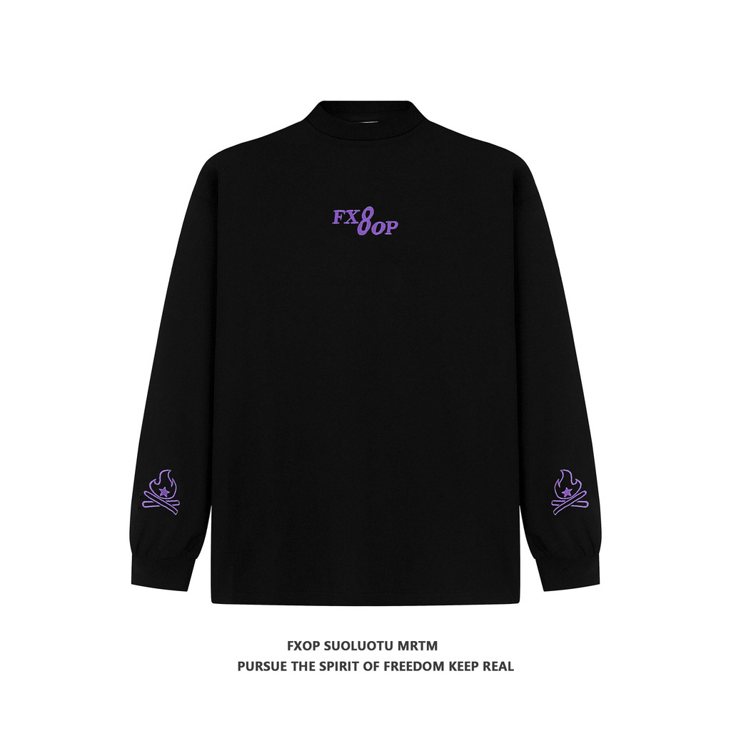 FXOP Nacional na moda estilo americano chama bordado puro algodão manga comprida camiseta masculina primavera outono 202