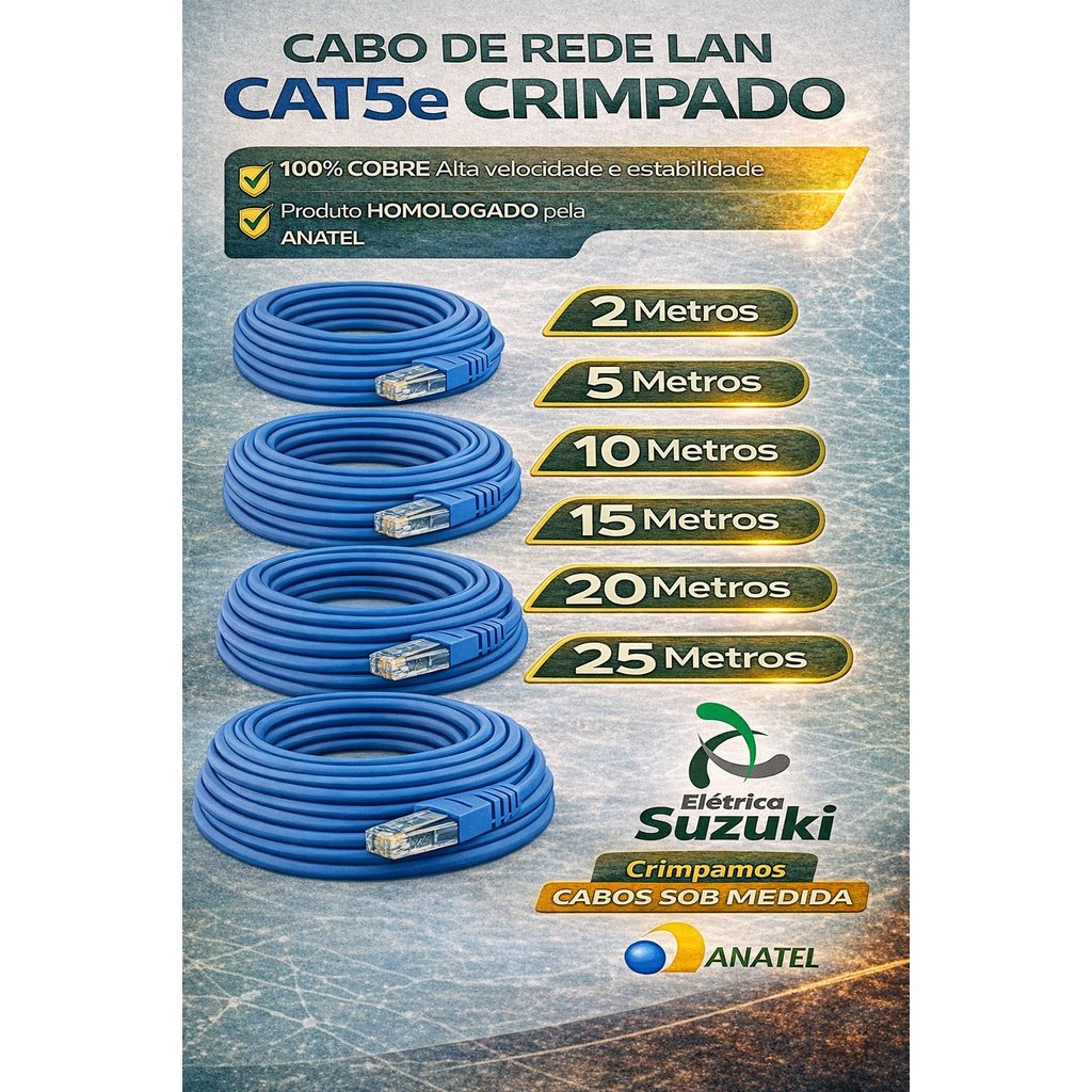 Cabo de Rede LAN Cat5e 5MT Crimpado 100% Cobre Azul Anatel